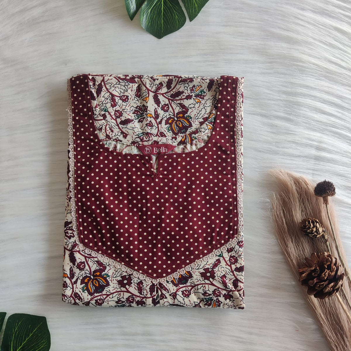 Maroon And Cream Printed Premium Cotton Mix N Match Lace Pocket Nighty | Free Size | Chest Width 44″| Length 56″