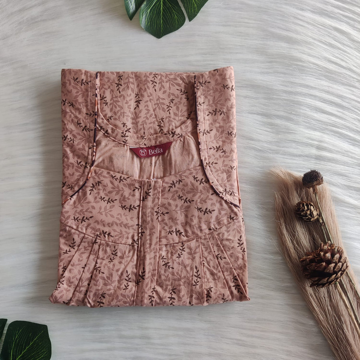 Brown Leaf Printed Pure Cotton Pleated Zip Nighty | Free Size | Chest Width 44″| Length 54″-55″
