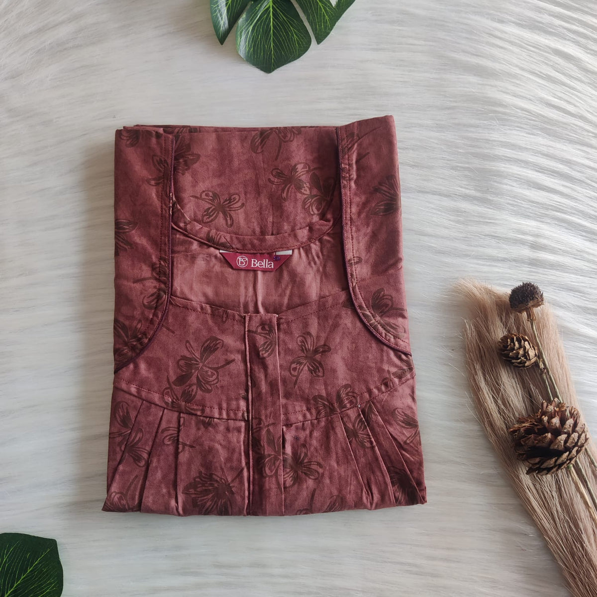 Rust Brown Floral Printed Pure Cotton Pleated Zip Nighty | Free Size | Chest Width 44″| Length 54″-55″