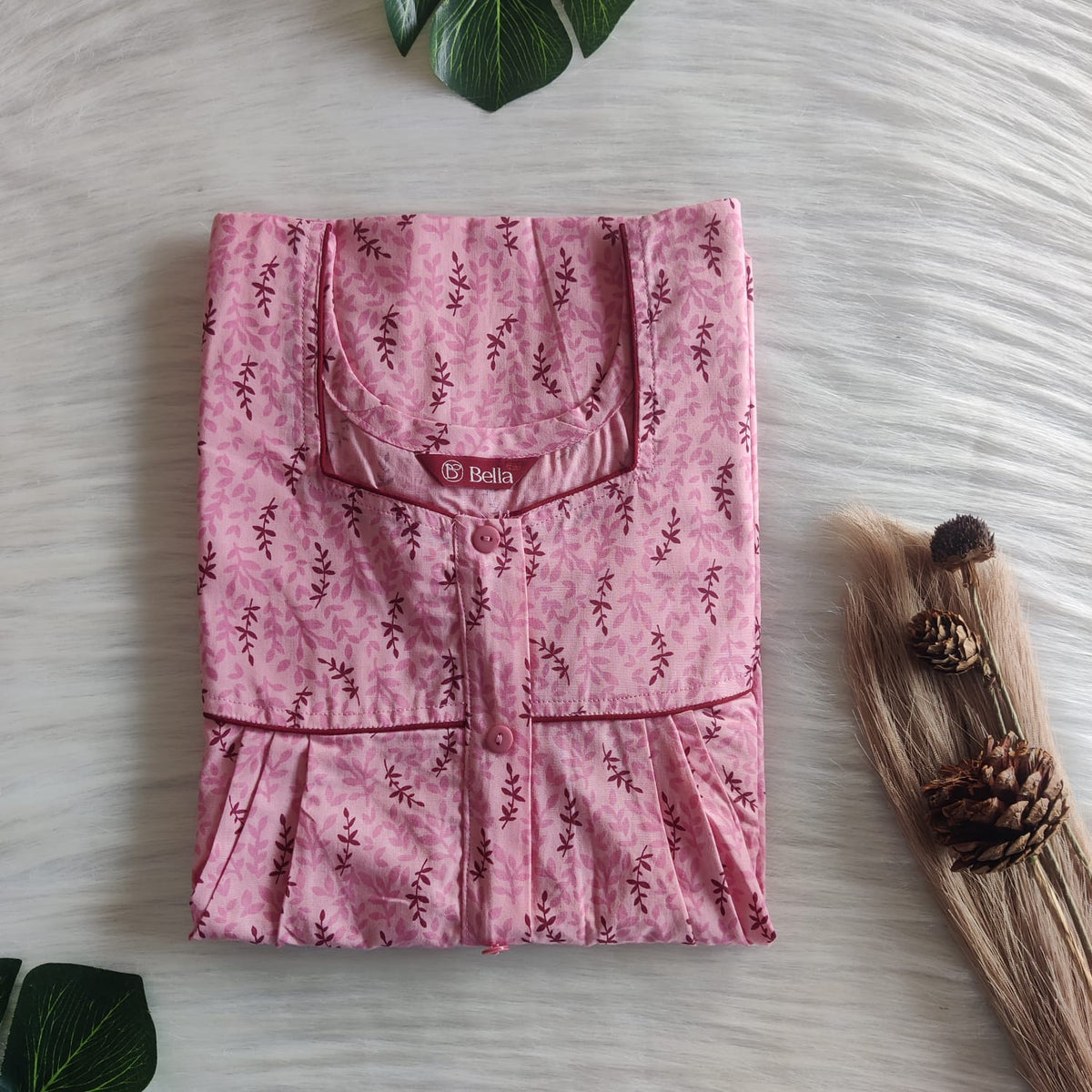 Pink Leaf Printed Pure Cotton Button Zip Nighty | Free Size | Chest Width 44″| Length 56″