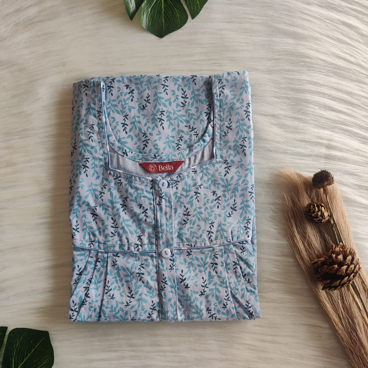 Blue Leaf Printed Pure Cotton Button Zip Nighty | Free Size | Chest Width 44″| Length 56″