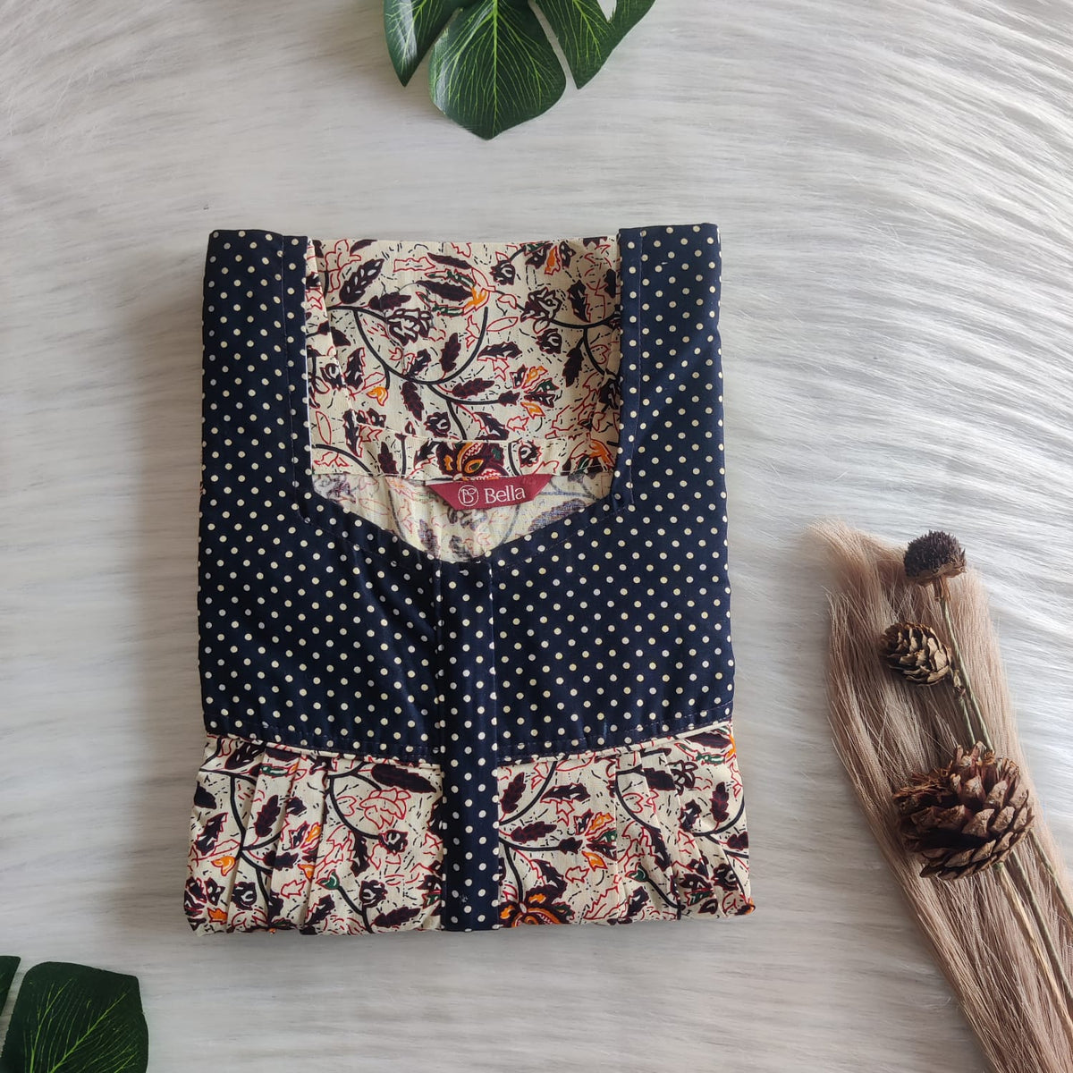 Navy Blue And Cream Printed Premium Cotton Square Neck Pleated Nighty | Free Size | Chest Width 44″| Length 55″-56″