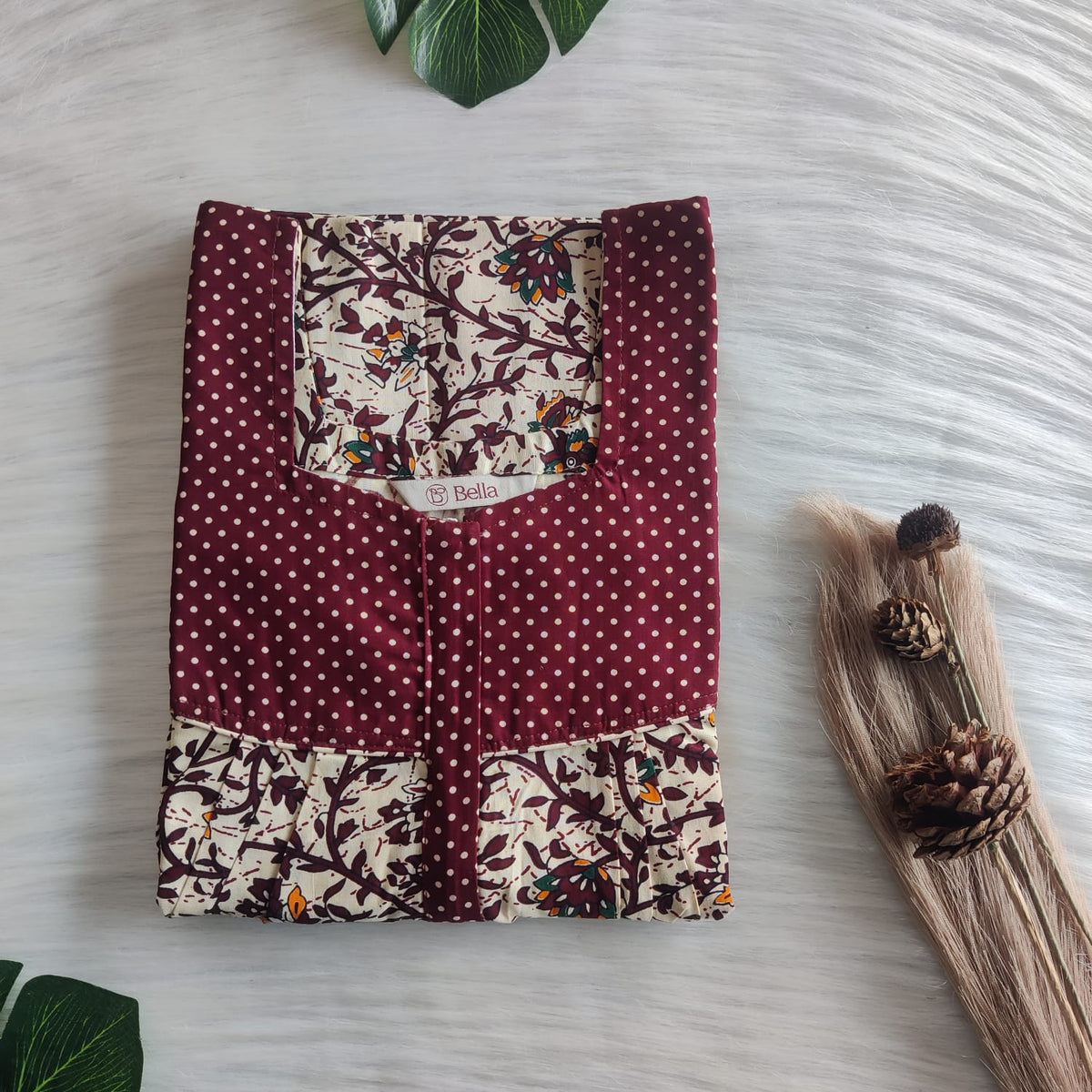 Maroon And Cream Printed Premium Cotton Square Neck Pleated Nighty | Free Size | Chest Width 44″| Length 55″-56″