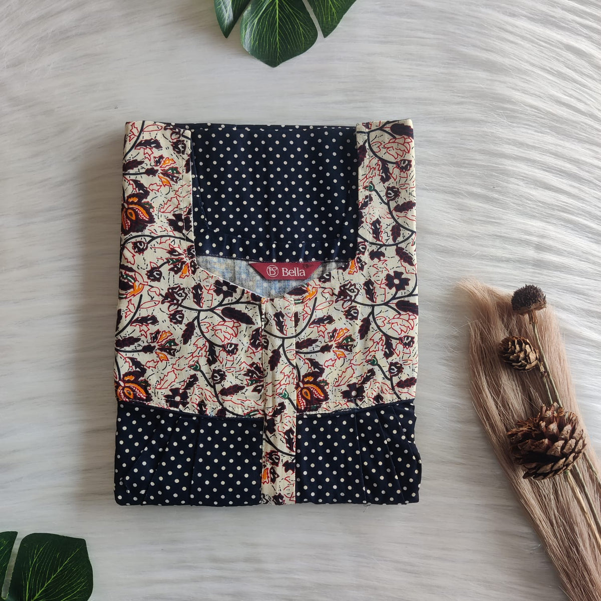 Cream And Navy Blue Dot Printed Premium Cotton Square Neck Pleated Nighty | Free Size | Chest Width 44″| Length 55″-56″