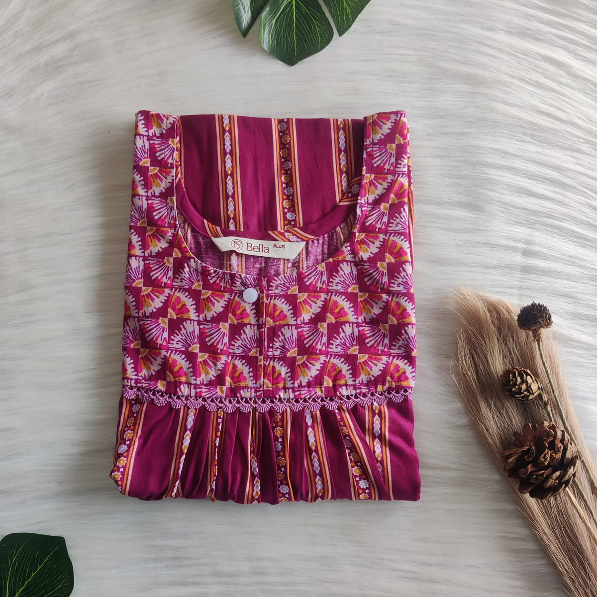 Pale And Dark Purple Stripes Printed Premium Cotton Plus Size Lace Nighty | Chest Width 50″| Length 56″