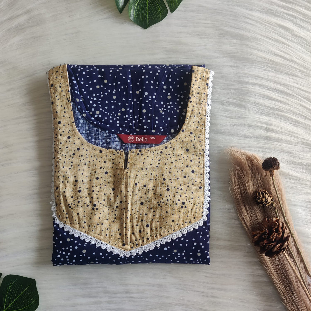 Yellow And Navy Blue Premium Cotton Plus Size Mix N Match Lace Pocket Nighty | Chest Width 50″| Length 56″