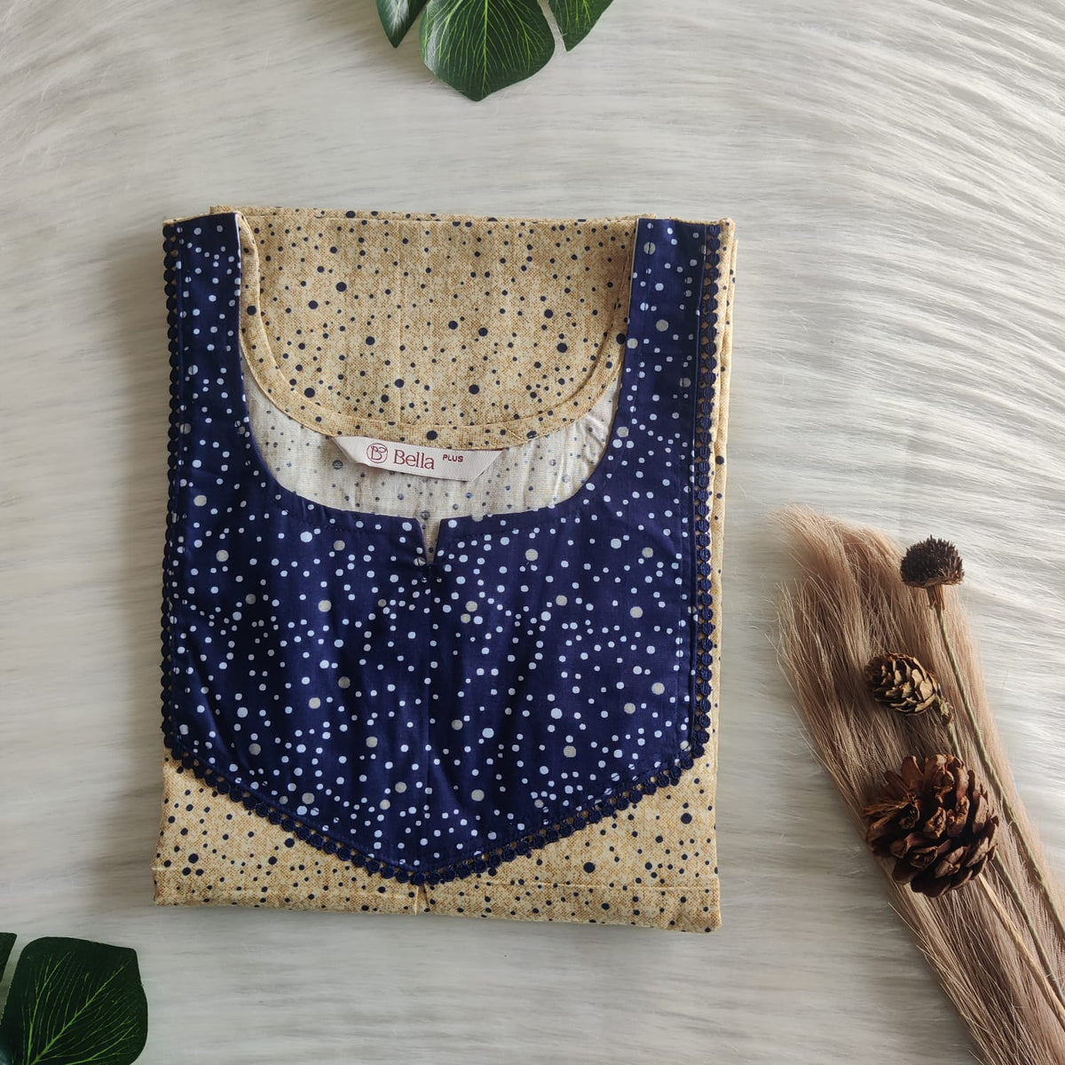 Navy Blue And Yellow Premium Cotton Plus Size Mix N Match Lace Pocket Nighty | Chest Width 50″| Length 56″