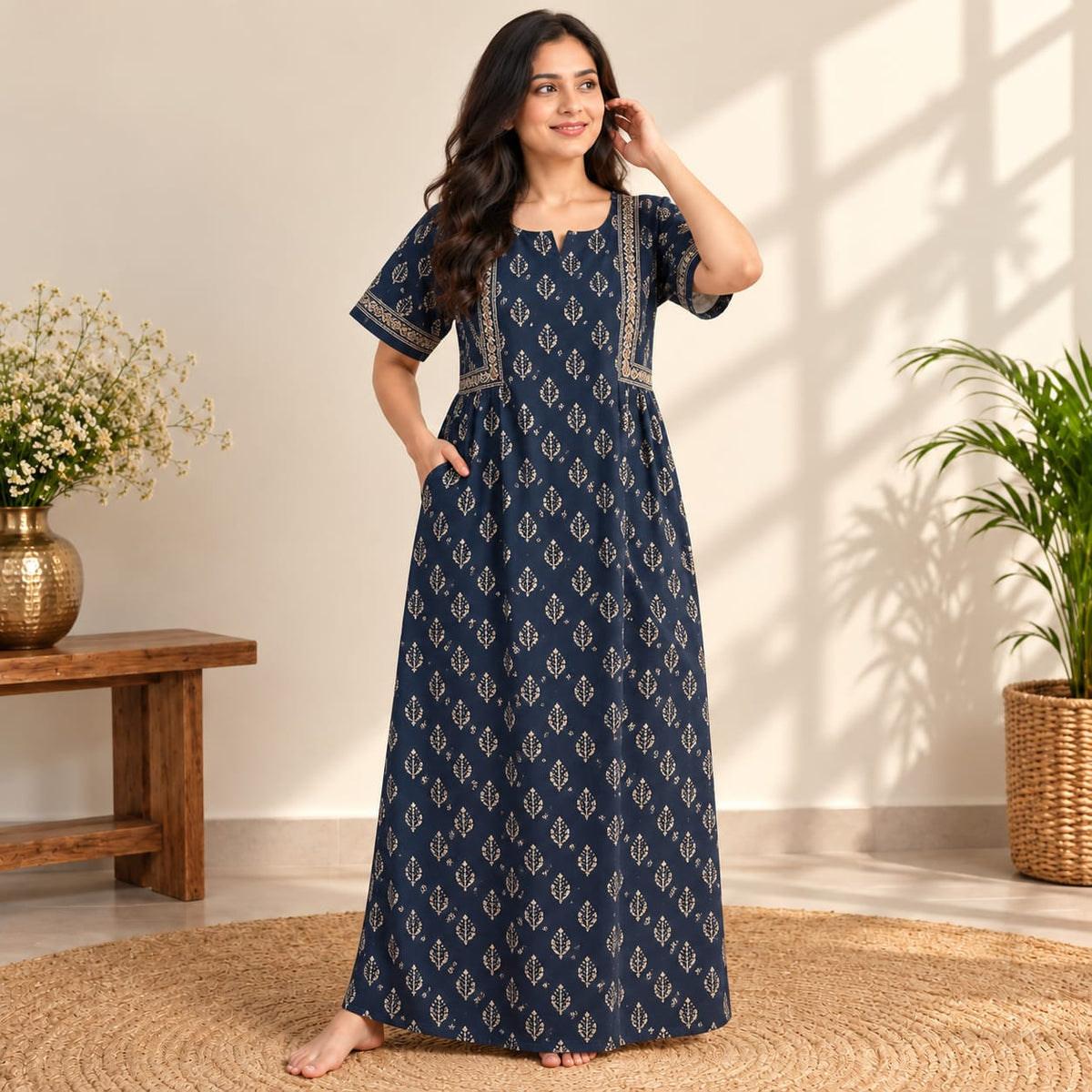 Navy Blue Leaf Printed Jaipur Cotton No Zip Pleated Nighty | Free Size | Chest Width 44″| Length 56″