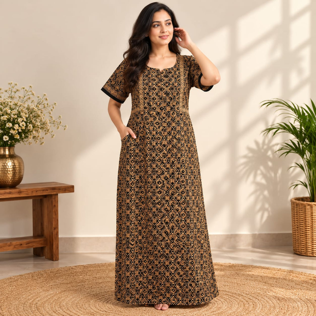 Yellow Printed Black Printed Jaipur Cotton No Zip Pleated Nighty | Free Size | Chest Width 44″| Length 56″