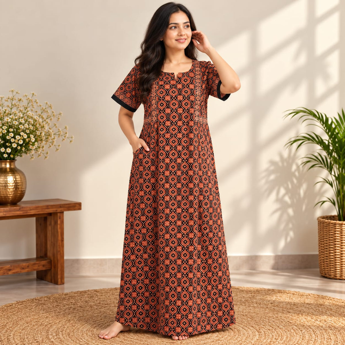 Orange Printed Black Printed Jaipur Cotton No Zip Pleated Nighty | Free Size | Chest Width 44″| Length 56″