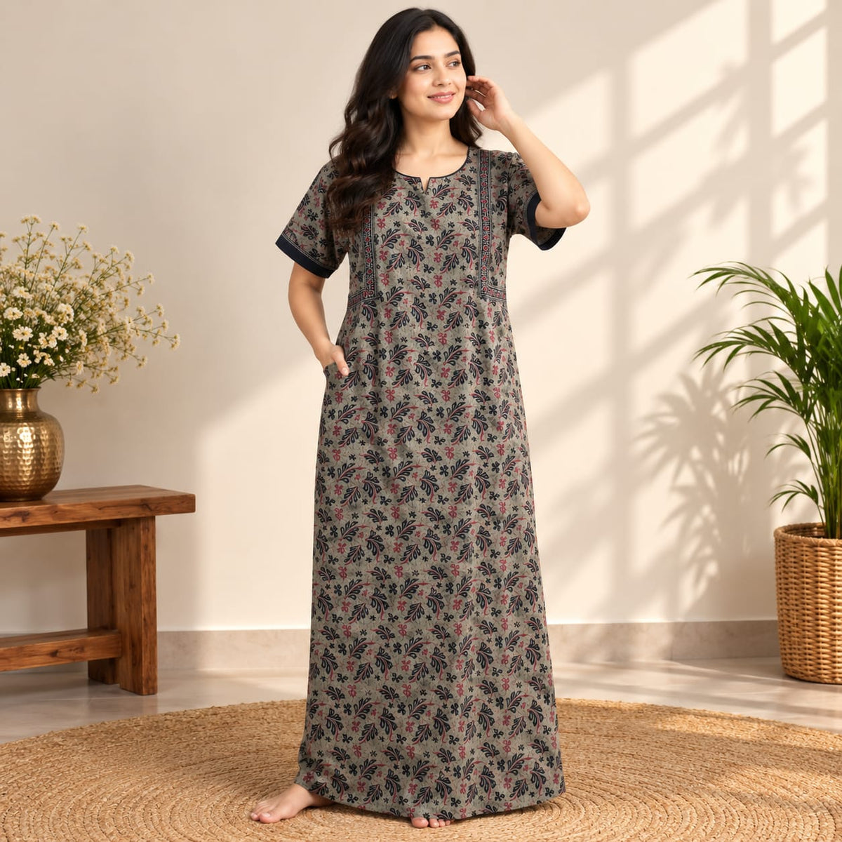 Black Leaf Printed Green Jaipur Cotton No Zip Pleated Nighty | Free Size | Chest Width 44″| Length 56″