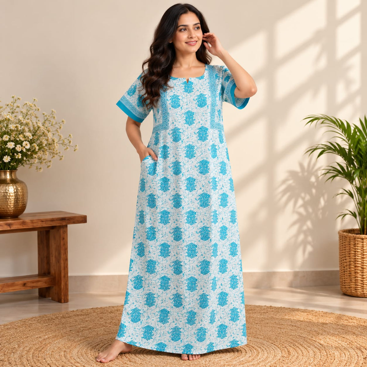 Blue Floral Printed White Jaipur Cotton No Zip Pleated Nighty | Free Size | Chest Width 44″| Length 56″