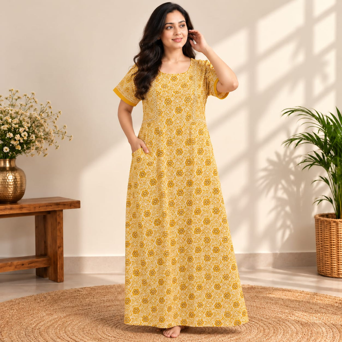 Yellow Floral Printed Jaipur Cotton No Zip Pleated Nighty | Free Size | Chest Width 44″| Length 56″