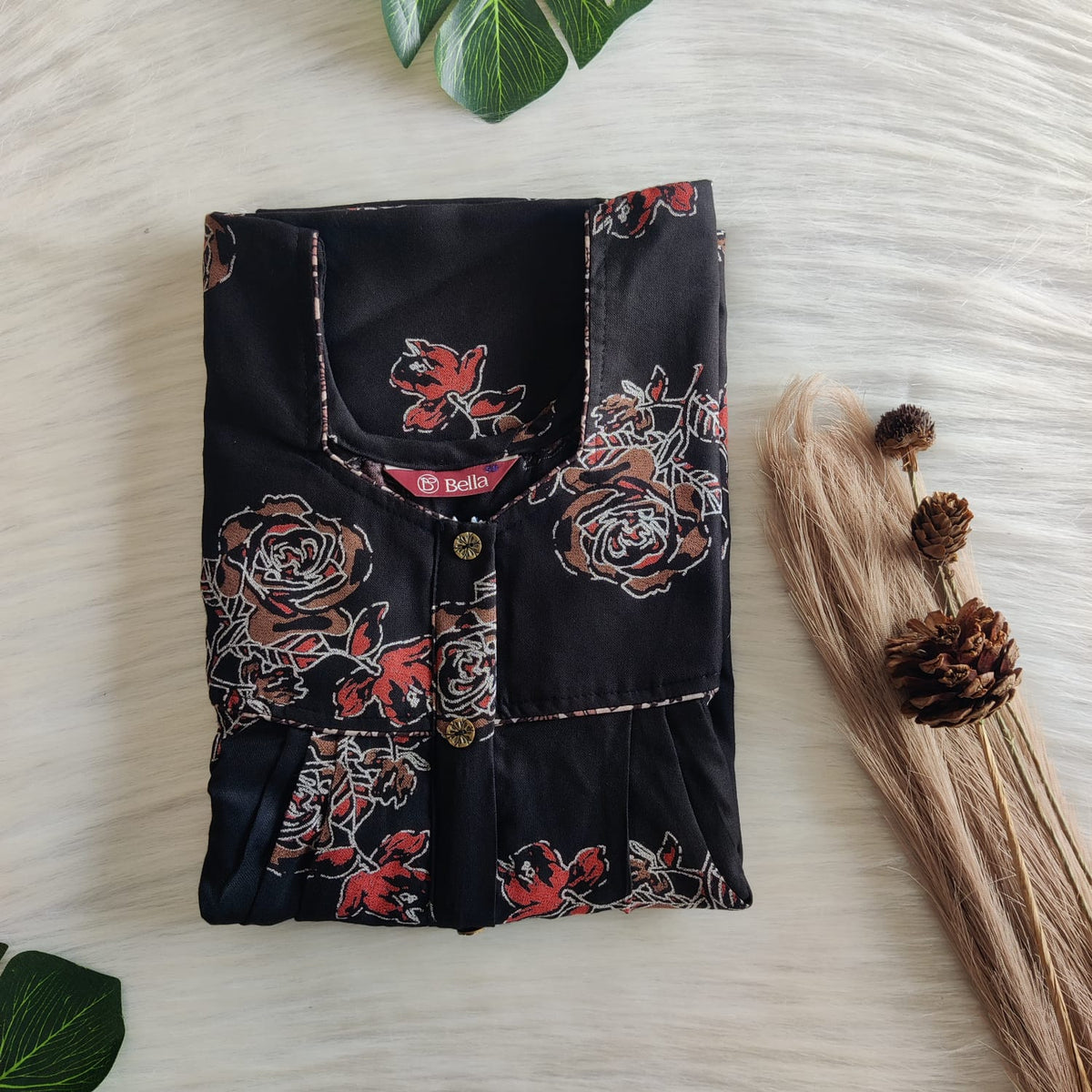 Black Floral Printed Alpine Button Zip Nighty | Free Size | Chest Width 44″| Length 55″-56″