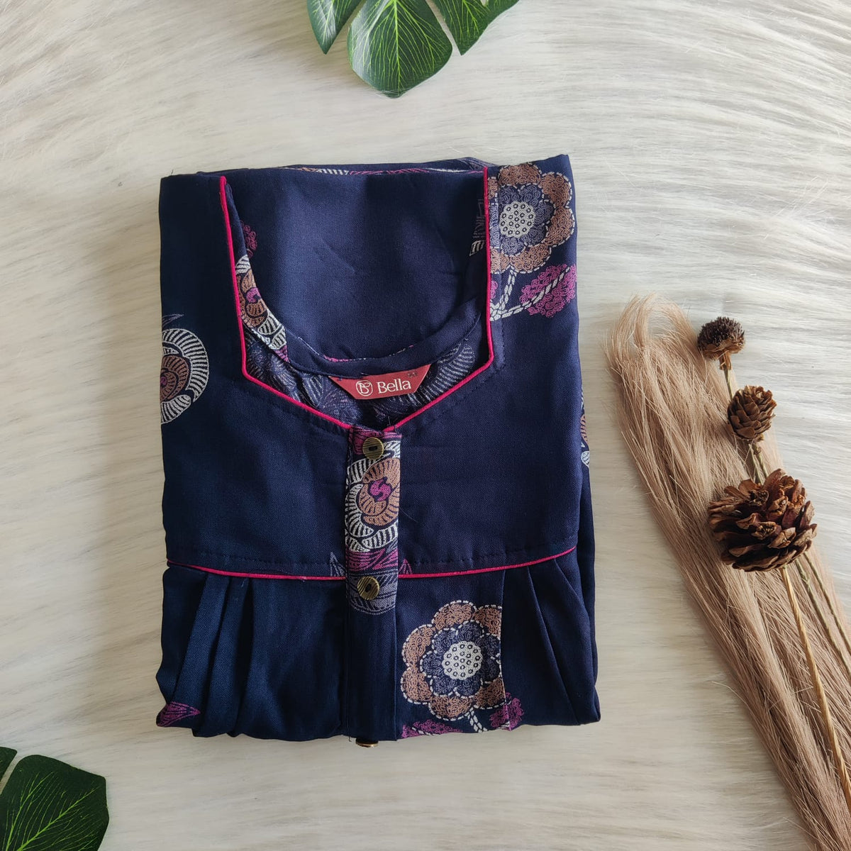 Navy Blue Floral Printed Alfine 60 Inch Length Button Zip Nighty | Free Size | Chest Width 44″|