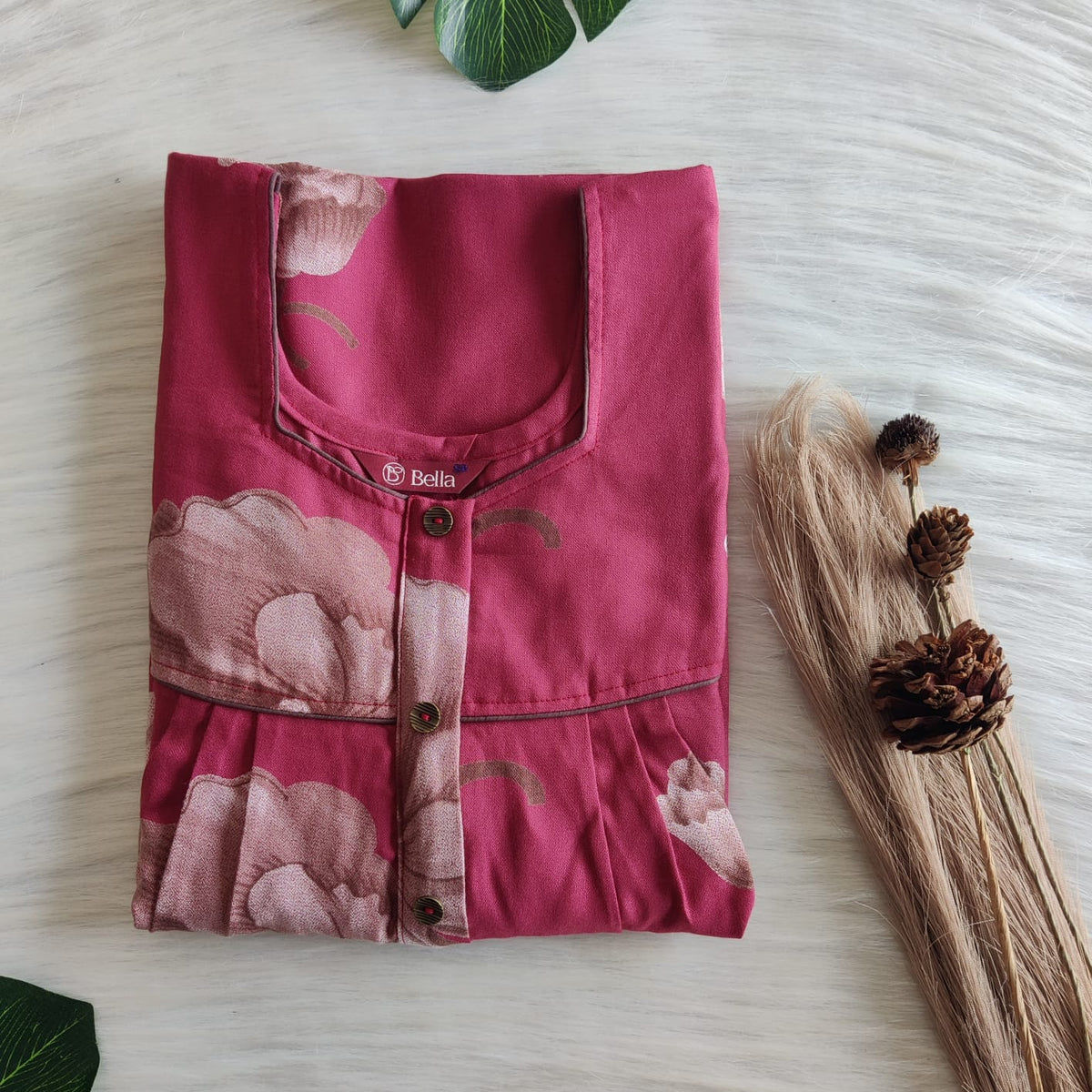 Cream Printed Beetroot Pink Alfine 60 Inch Length Button Zip Nighty | Free Size | Chest Width 44″|