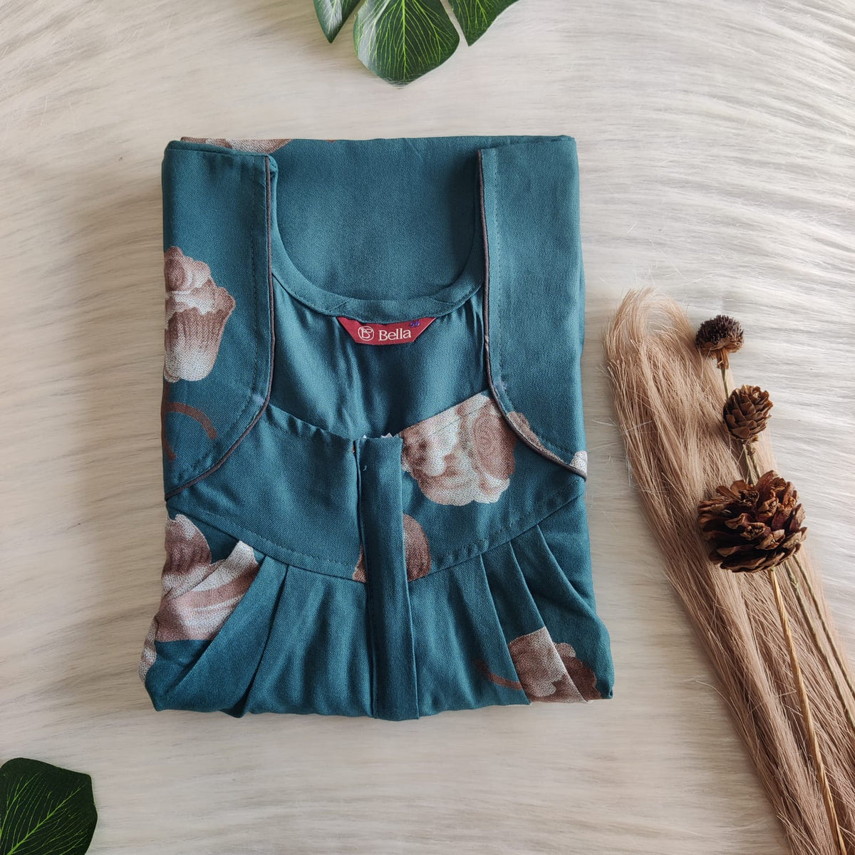 Green Floral Printed Alfine Pleated Zip Nighty | Free Size | Chest Width 44″| Length 54″-55″