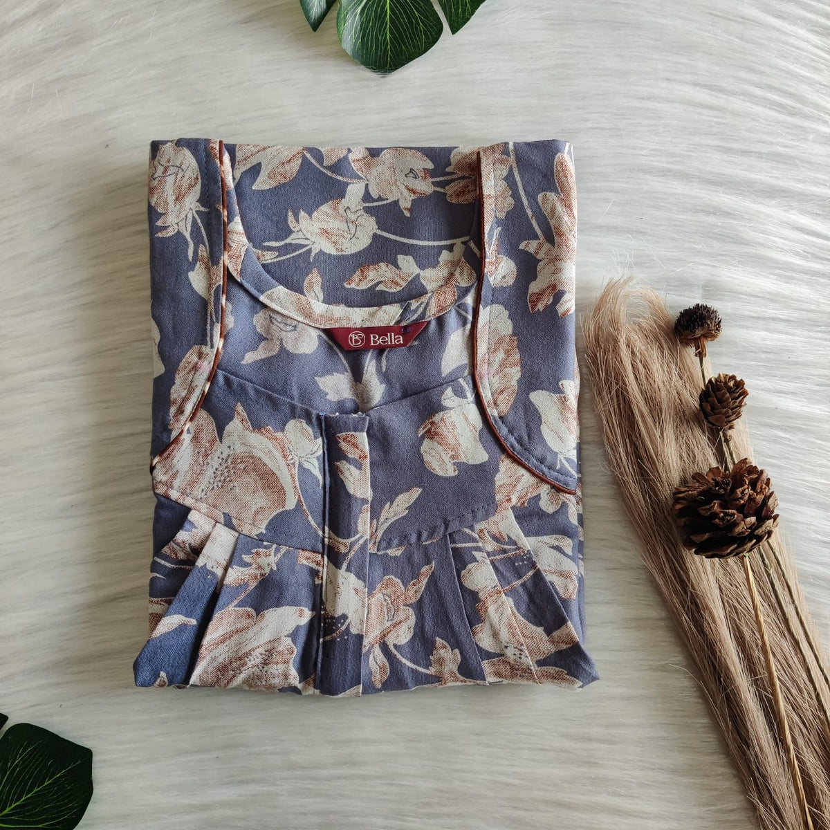 Grey Floral Printed Alfine Pleated Zip Nighty | Free Size | Chest Width 44″| Length 54″-55″