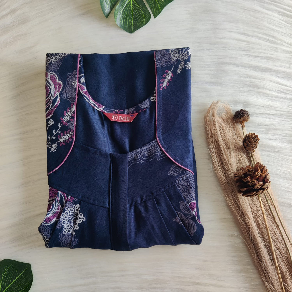 Navy Blue Floral Printed Alfine Pleated Zip Nighty | Free Size | Chest Width 44″| Length 54″-55″