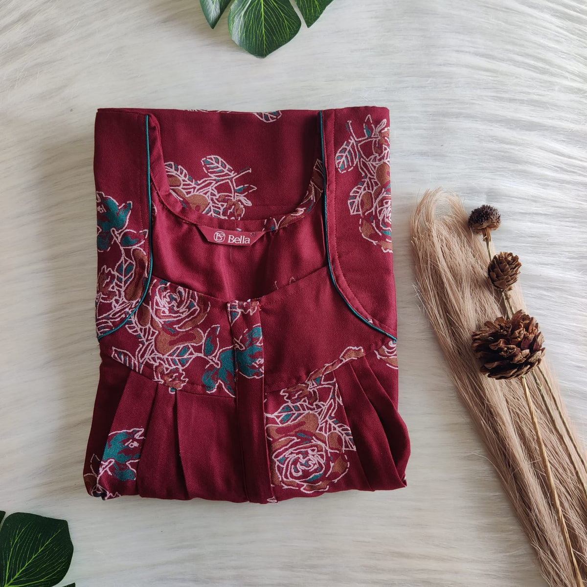 Maroon Floral Printed Alpine Plus Size Button Zip Nighty | Chest Width 50″| Length 54″-56″