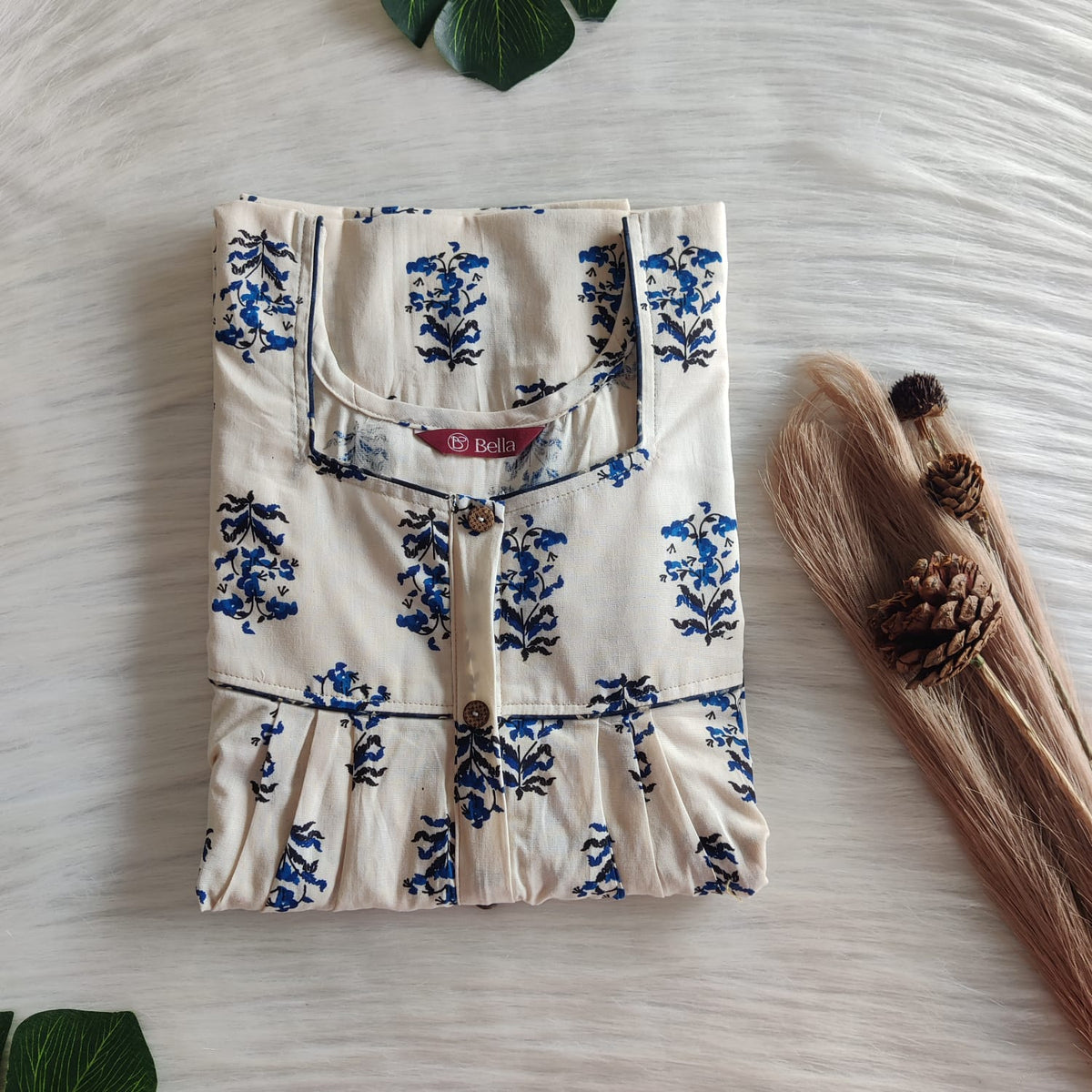 Blue Floral Printed Ivory Premium Cotton Button Zip Nighty | Free Size | Chest Width 44″| Length 55″-56|