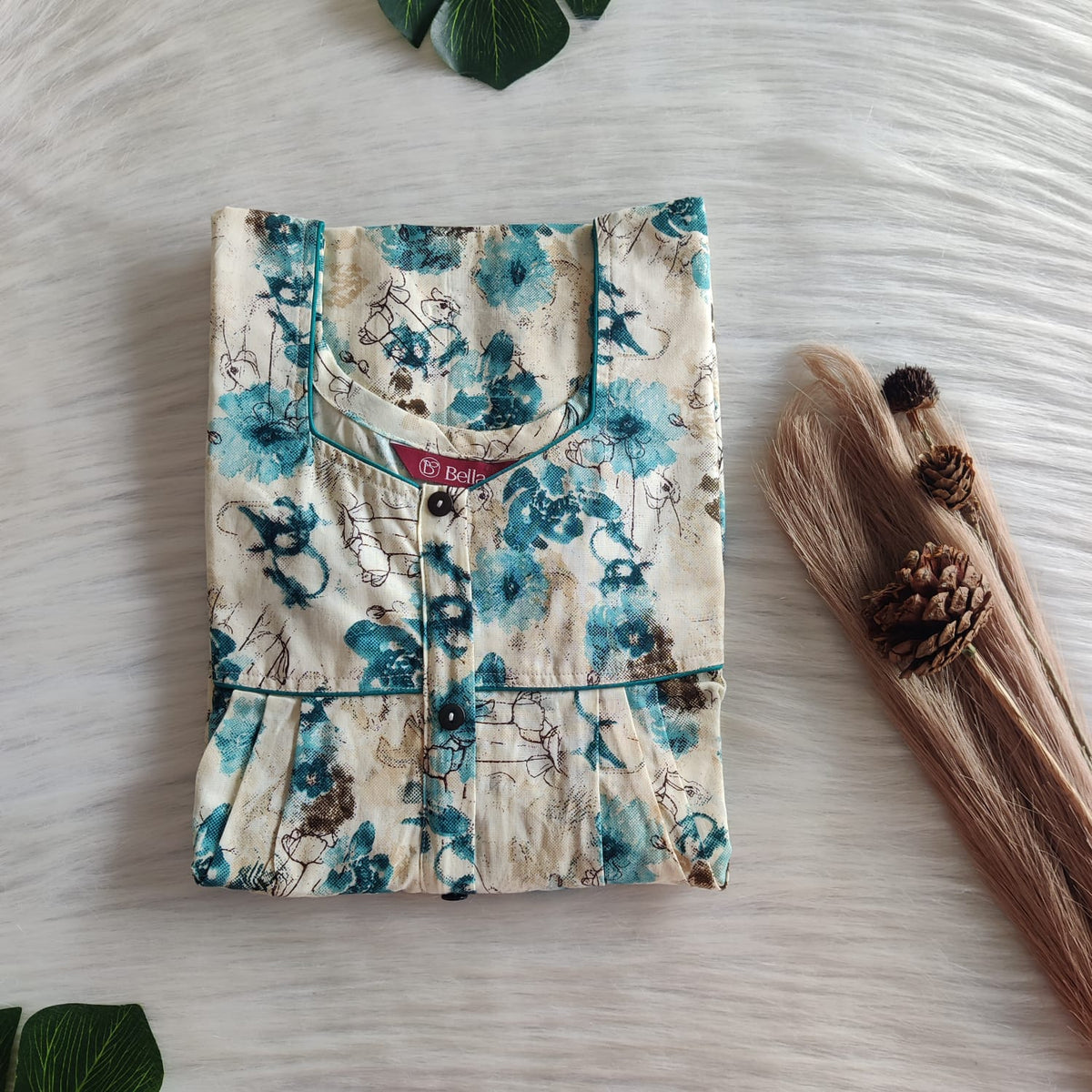Blue Floral Printed Ivory Premium Cotton Button Zip Nighty | Free Size | Chest Width 44″| Length 55″-56|