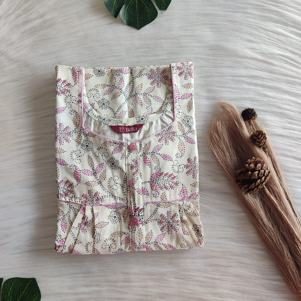 Pink Leaf Printed Ivory Premium Cotton Button Zip Nighty | Free Size | Chest Width 44″| Length 55″-56|