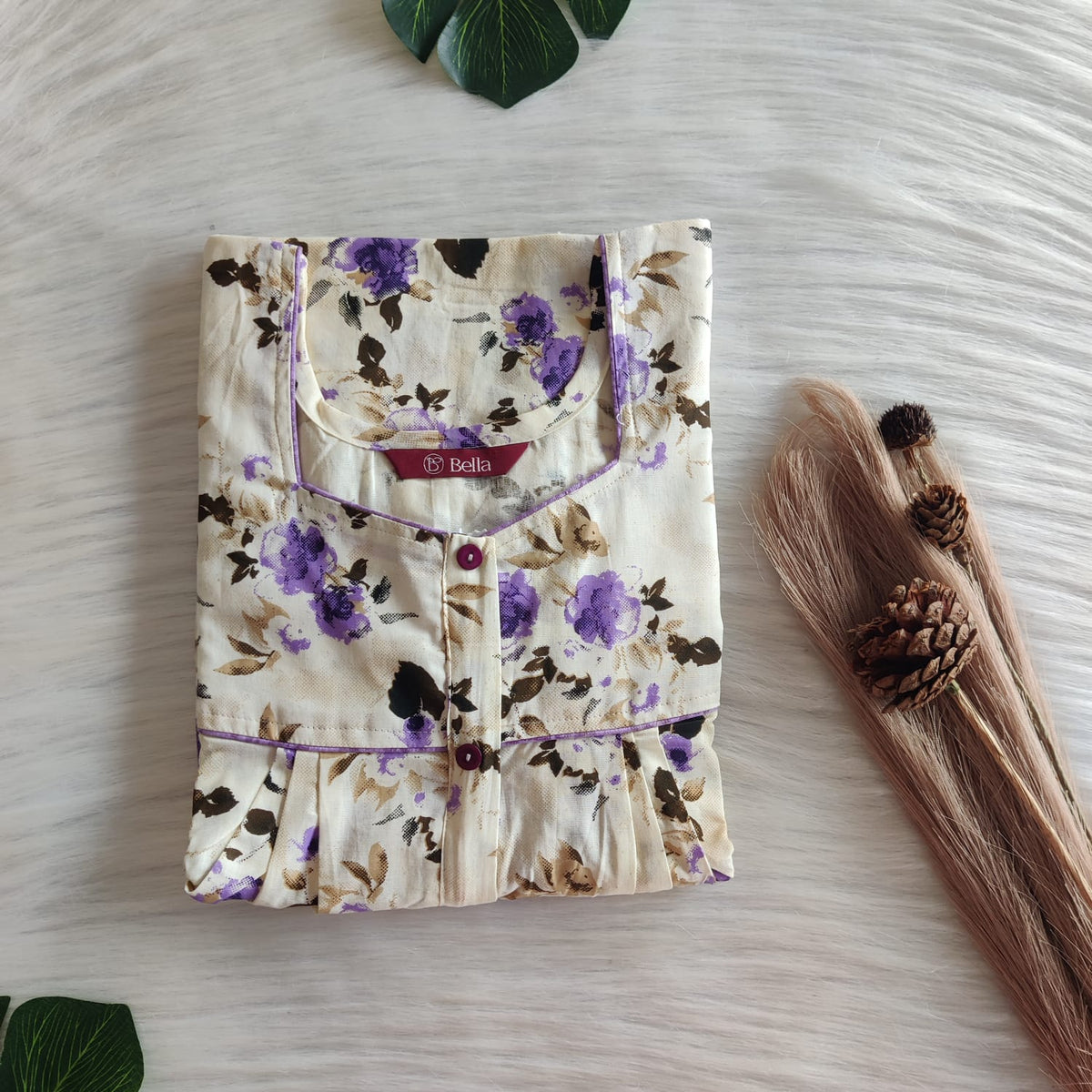 Purple Floral Printed Ivory Premium Cotton Button Zip Nighty | Free Size | Chest Width 44″| Length 55″-56|