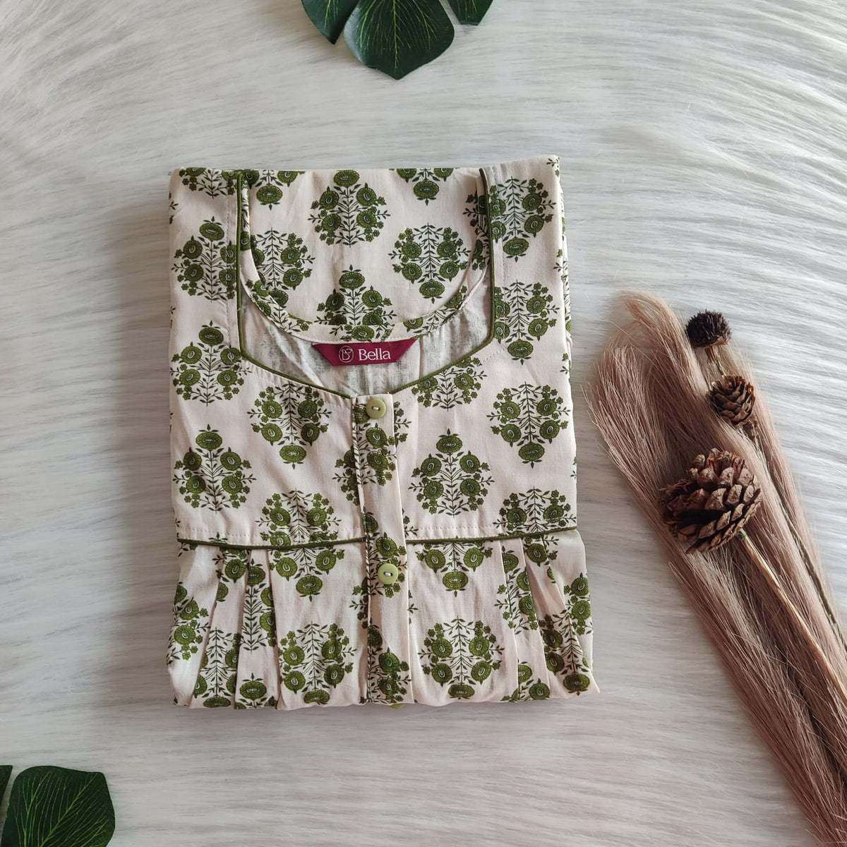 Green Floral Printed Ivory Premium Cotton Button Zip Nighty | Free Size | Chest Width 44″| Length 55″-56|
