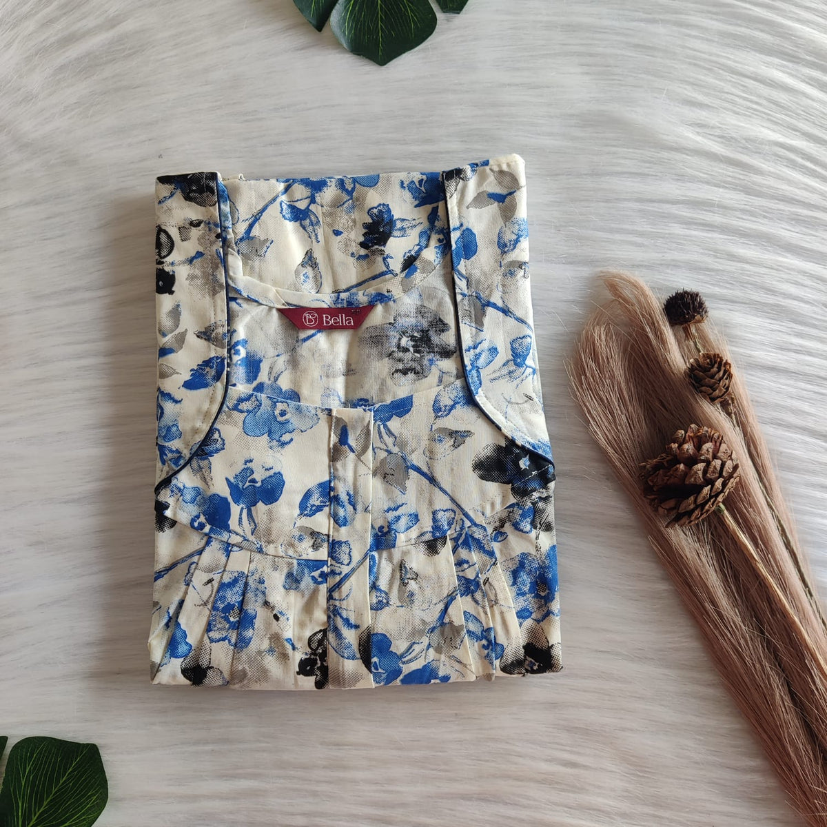 Blue Printed Ivory Premium Cotton Pleated Zip Nighty | Free Size | Chest Width 44″| Length 54″-55″
