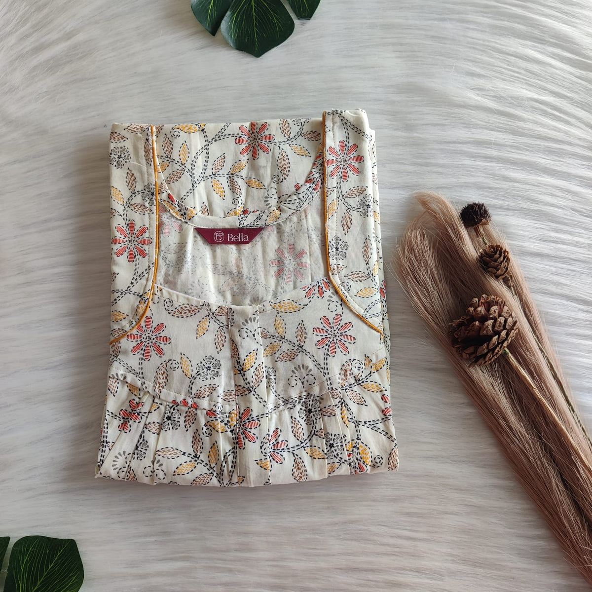 Orange Floral Printed Ivory Premium Cotton Pleated Zip Nighty | Free Size | Chest Width 44″| Length 54″-55″