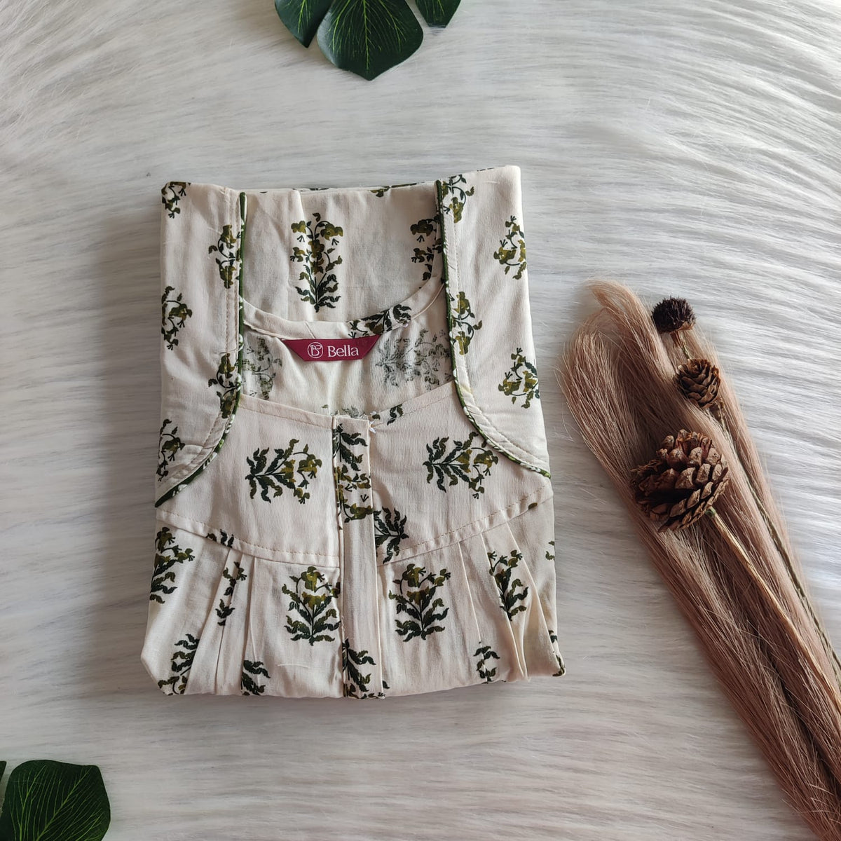 Green Leaf Printed Ivory Premium Cotton Pleated Zip Nighty | Free Size | Chest Width 44″| Length 54″-55″