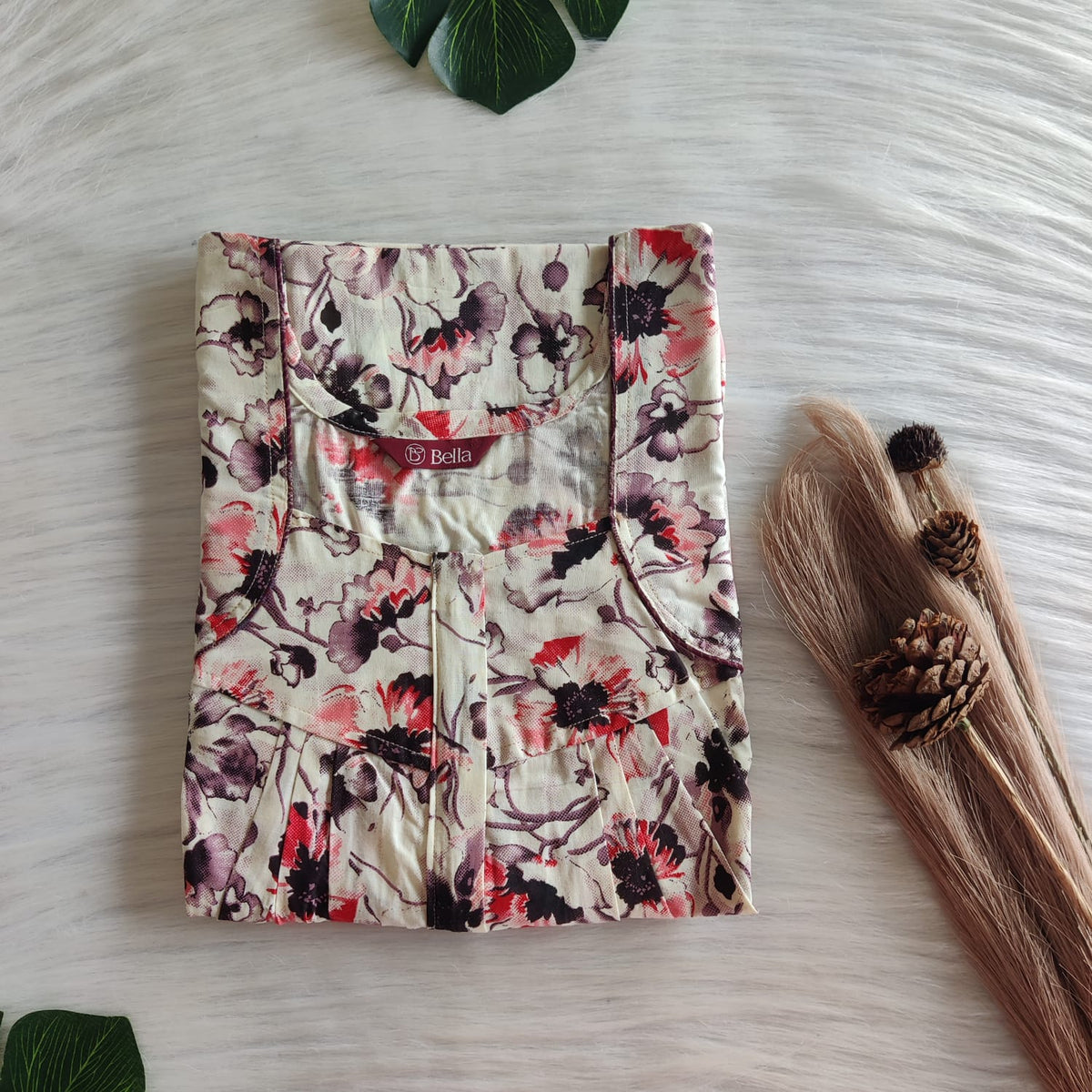 Red Floral Printed Ivory Premium Cotton Pleated Zip Nighty | Free Size | Chest Width 44″| Length 54″-55″