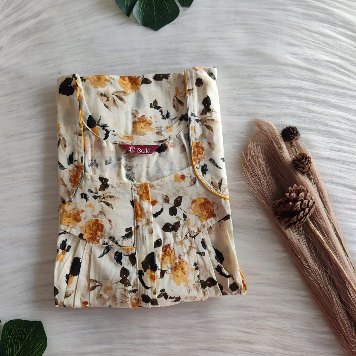Brown Floral Printed Ivory Premium Cotton Pleated Zip Nighty | Free Size | Chest Width 44″| Length 54″-55″