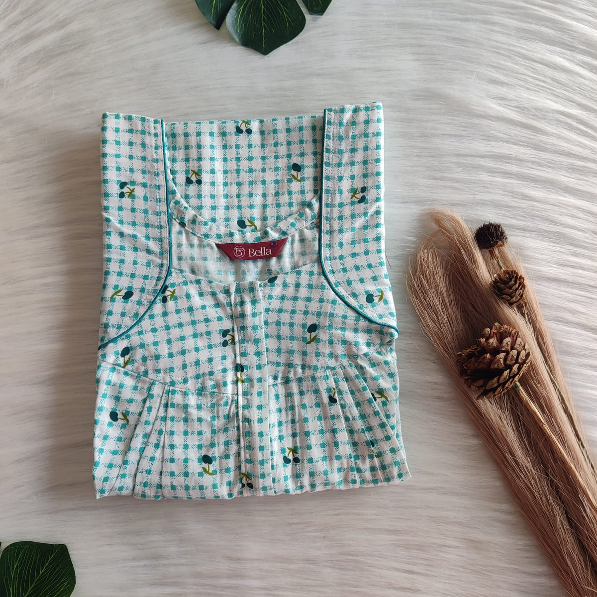Cherry Printed Green Premium Cotton Pleated Zip Nighty | Free Size | Chest Width 44″| Length 54″-55″