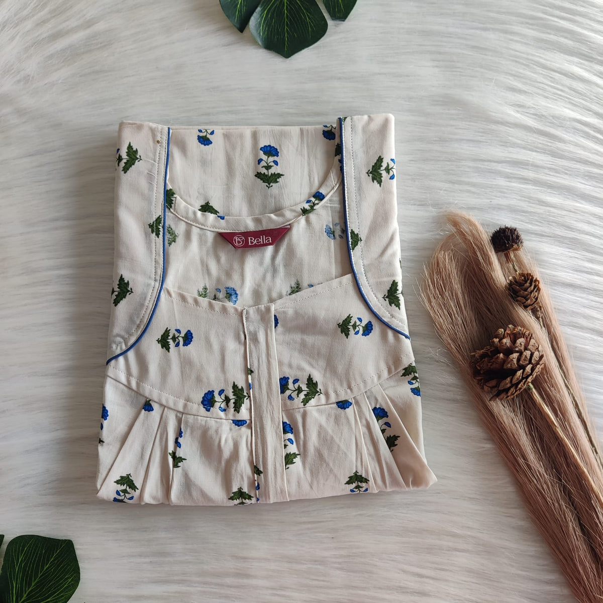Blue Floral Printed Ivory Premium Cotton Pleated Zip Nighty | Free Size | Chest Width 44″| Length 54″-55″