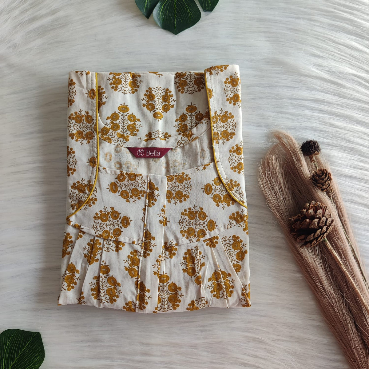 Yellow Floral Printed Ivory Premium Cotton Pleated Zip Nighty | Free Size | Chest Width 44″| Length 54″-55″