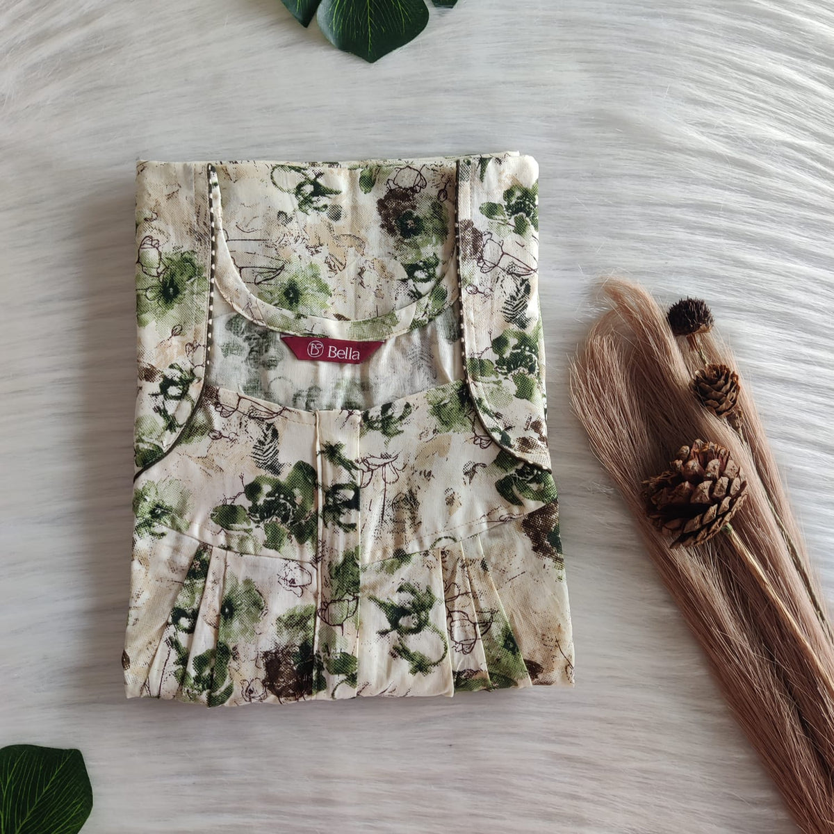 Green Printed Ivory Premium Cotton Pleated Zip Nighty | Free Size | Chest Width 44″| Length 54″-55″