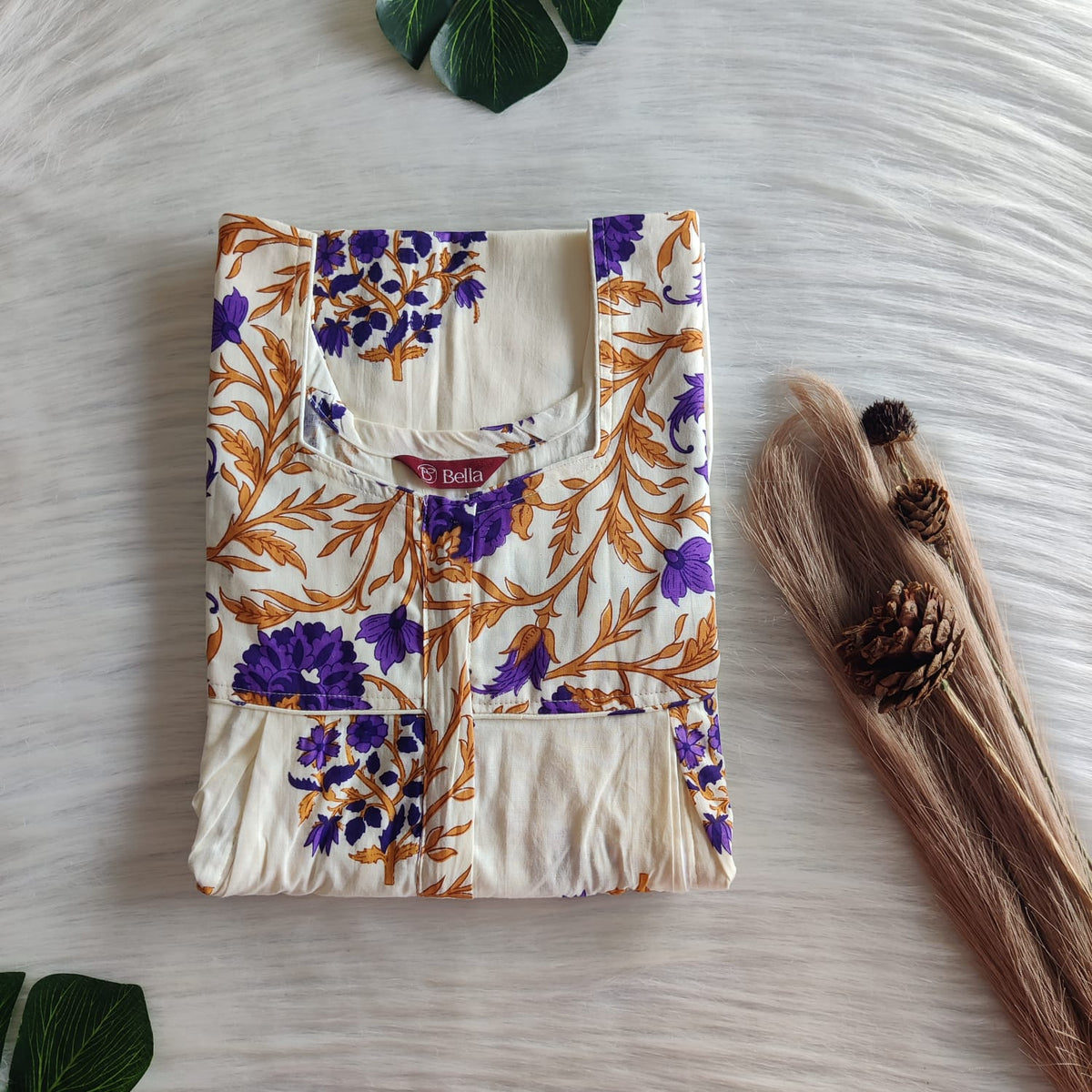 Purple And Ivory Printed Premium Cotton Pleated Vertical Zip Feeding Nighty | Free Size | Chest Width 44″| Length 54″-56″
