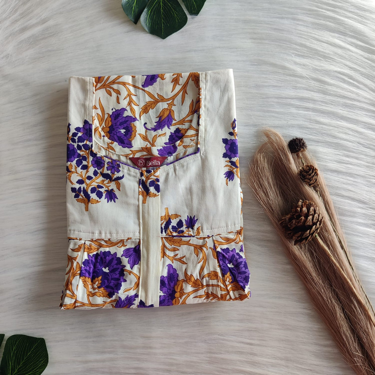Ivory And Purple Floral Printed Premium Cotton Pleated Vertical Zip Feeding Nighty | Free Size | Chest Width 44″| Length 54″-56″