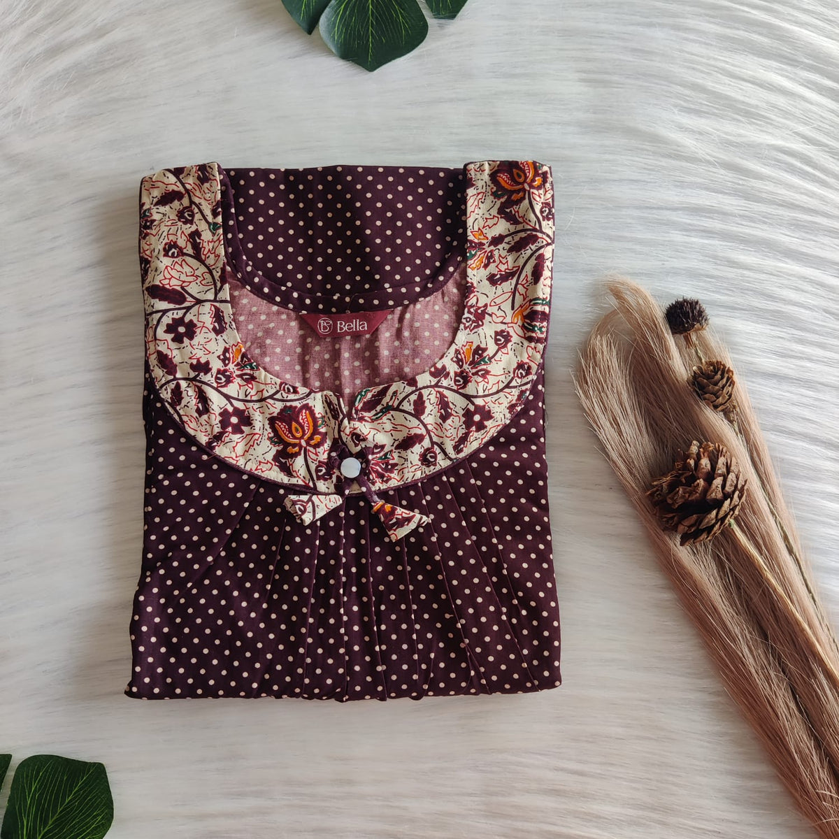 Cream And Coffee Brown Dot Printed Premium Cotton No Zip Pleated Nighty | Free Size | Chest Width 44″| Length 55″-56″