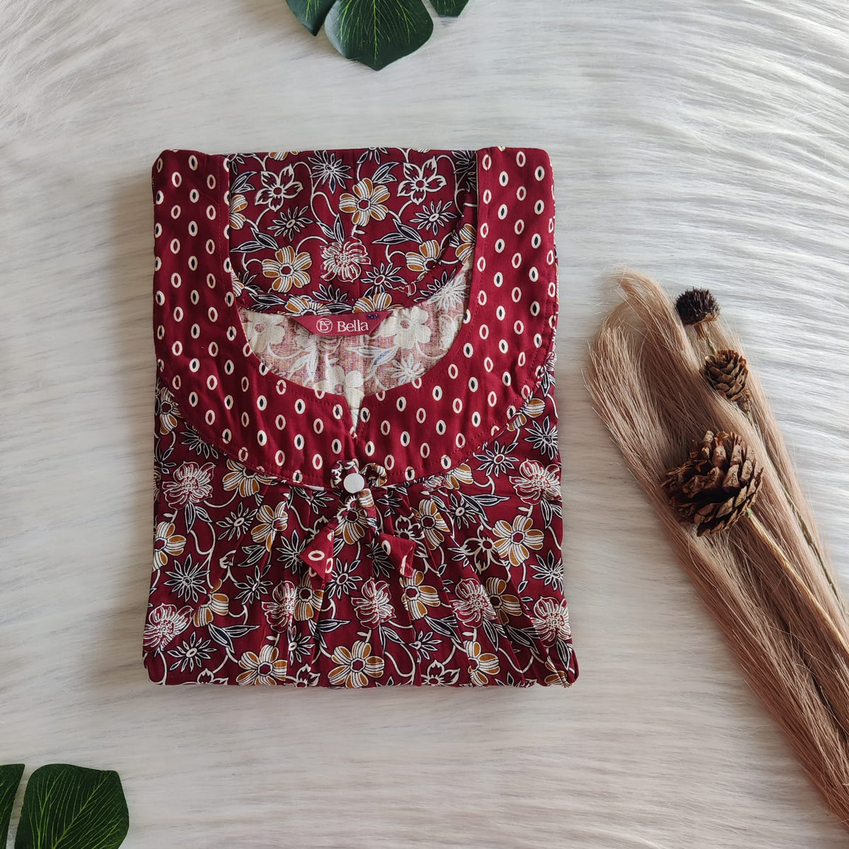 Maroon And Cream Floral Printed Premium Cotton No Zip Pleated Nighty | Free Size | Chest Width 44″| Length 55″-56″