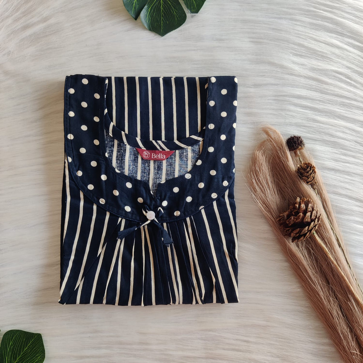 Navy Blue And Cream Stripes Printed Premium Cotton No Zip Pleated Nighty | Free Size | Chest Width 44″| Length 55″-56″