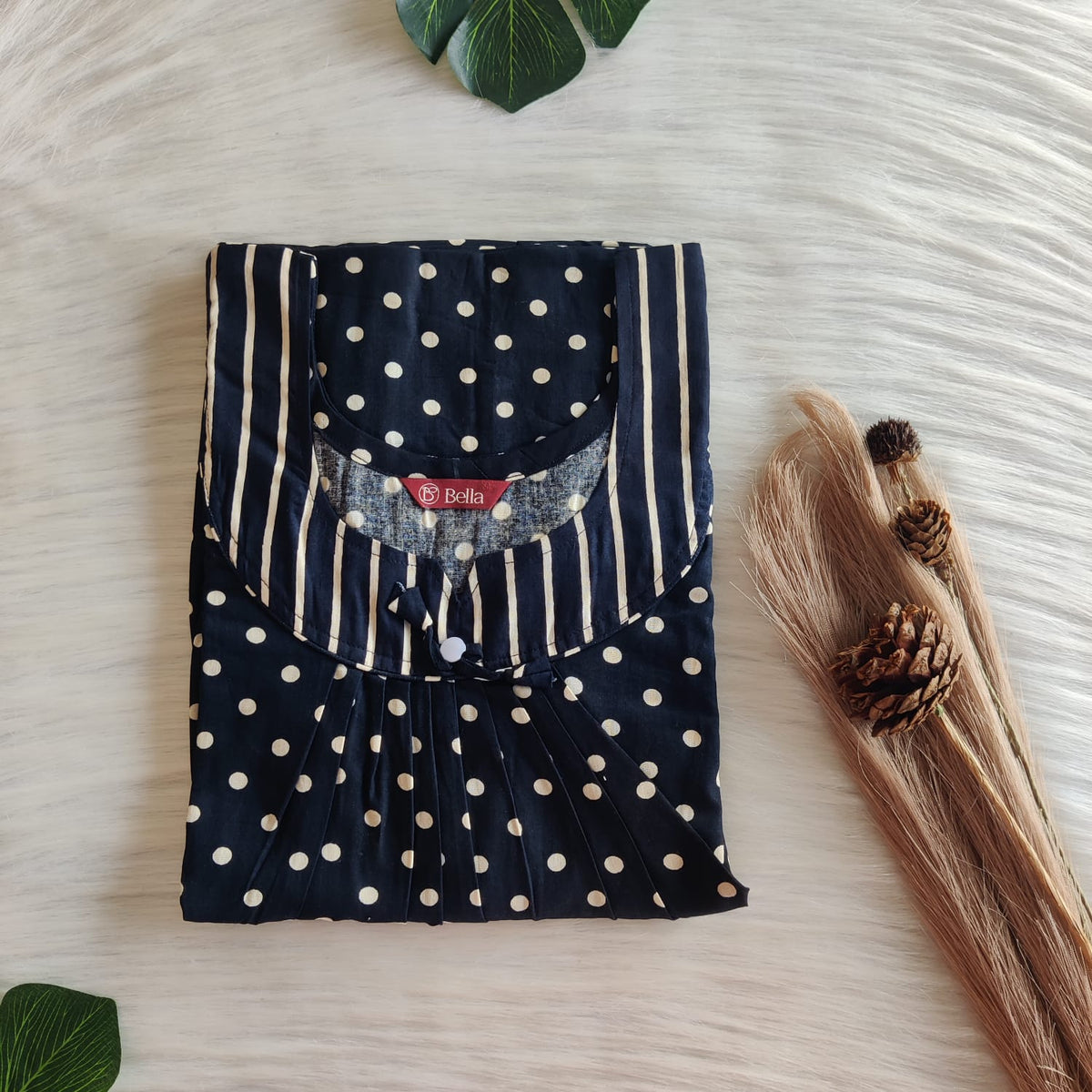Cream And Navy Blue Dot Printed Premium Cotton No Zip Pleated Nighty | Free Size | Chest Width 44″| Length 55″-56″