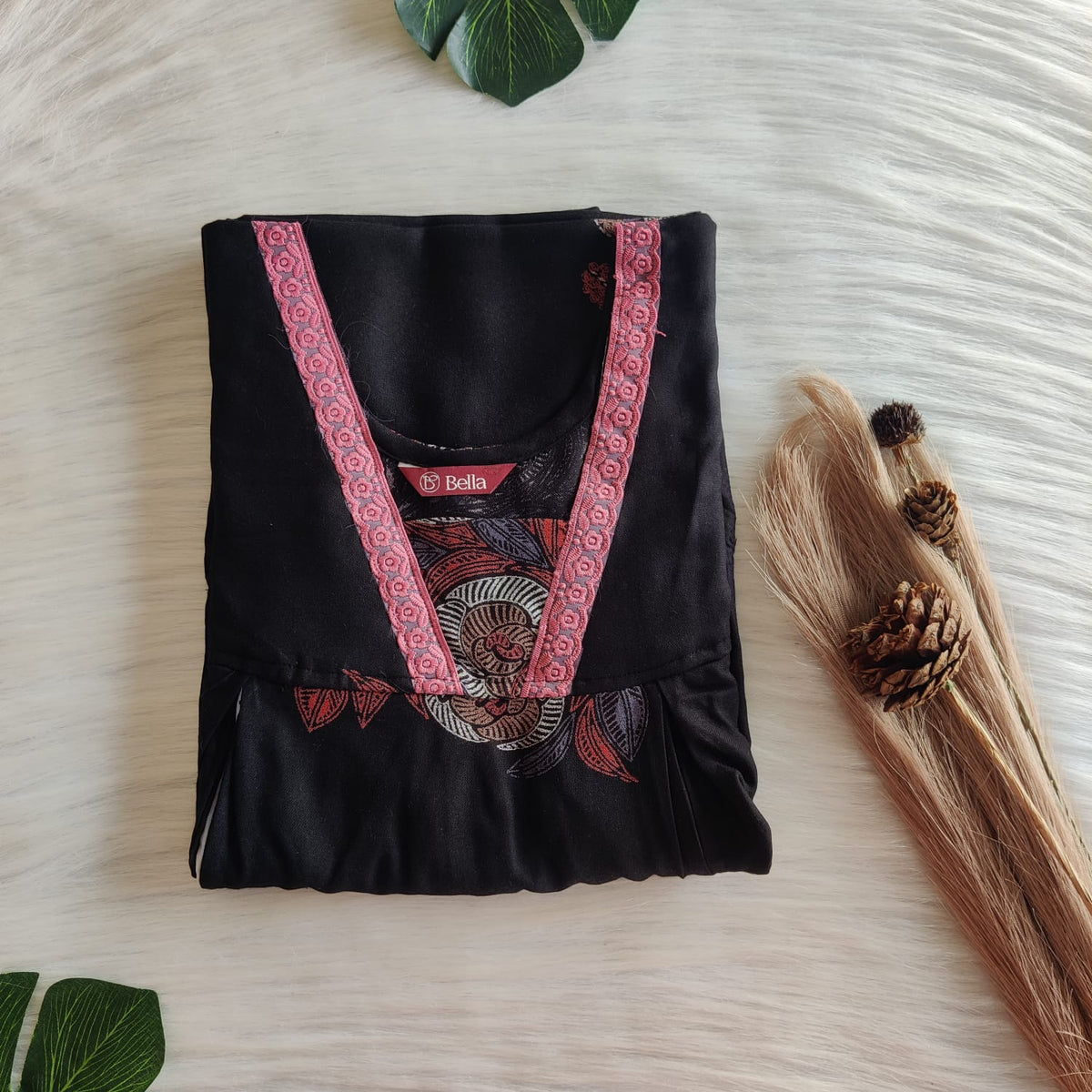 Black Floral Printed Alfine Two Side Vertical Zip Lace Nighty | Free Size | Chest Width 44″ | Length 56″