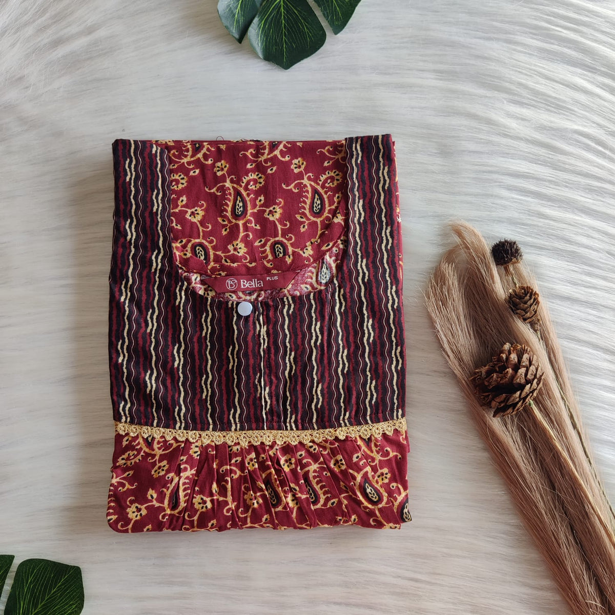 Black And Maroon Kalamkari Printed Premium Cotton Plus Size Lace Nighty | Chest Width 50″| Length 56″