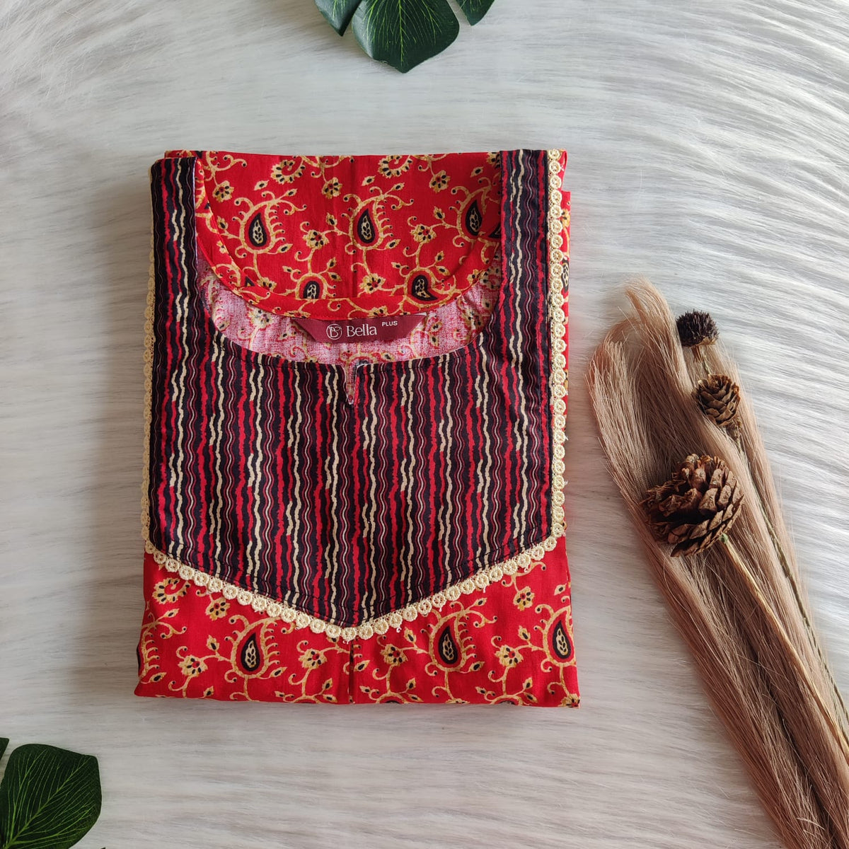Black And Red Kalamkari  Premium Cotton Plus Size Mix N Match Lace Pocket Nighty | Chest Width 50″| Length 56″