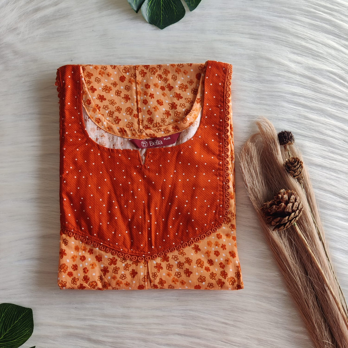 Dark And Pale Orange Floral Premium Cotton Plus Size Mix N Match Lace Pocket Nighty | Chest Width 50″| Length 56″