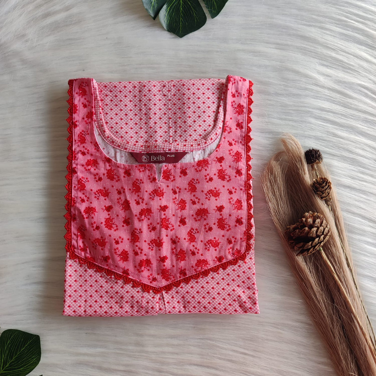 Dark And Pale Peach Dot Premium Cotton Plus Size Mix N Match Lace Pocket Nighty | Chest Width 50″| Length 56″