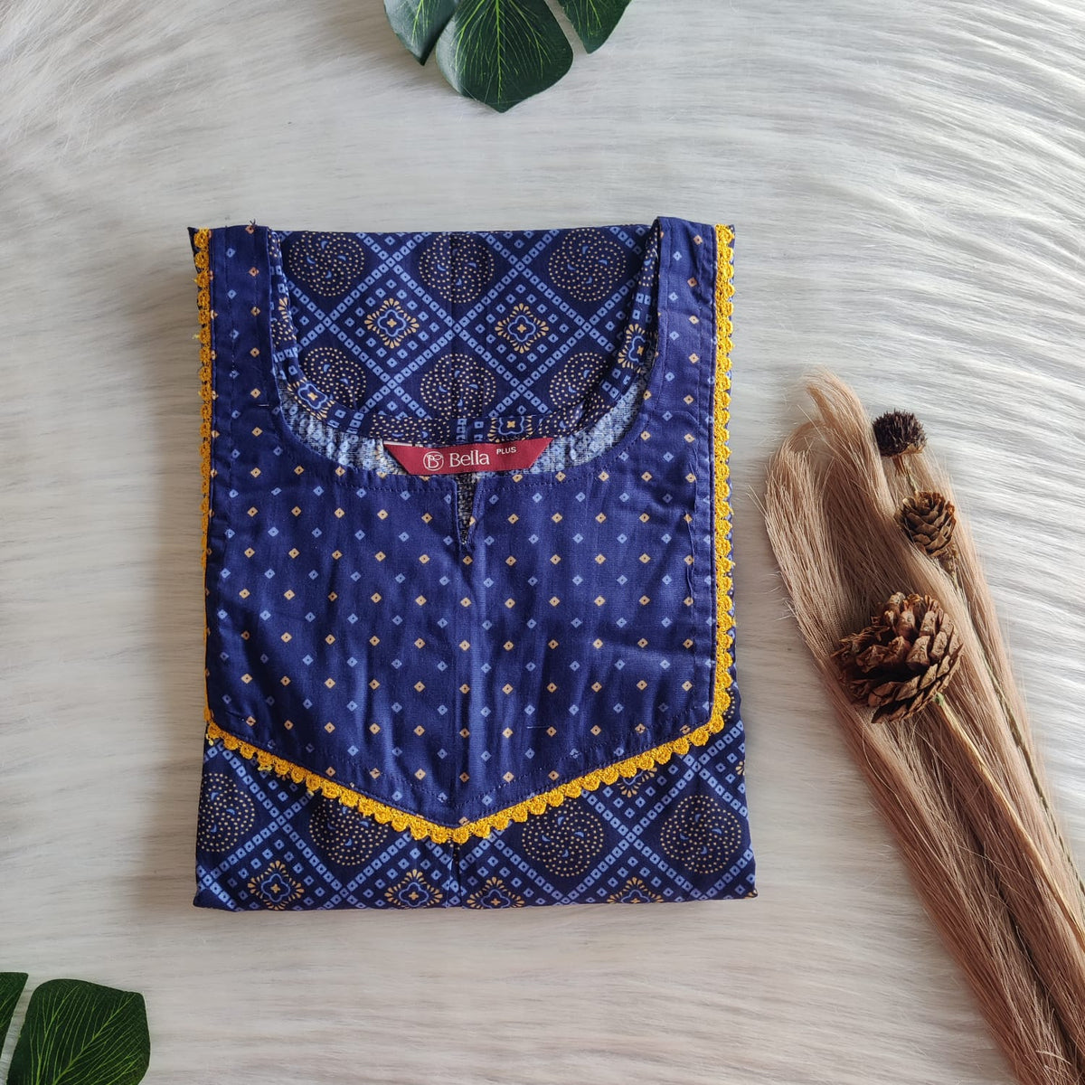 Navy Blue And Cream Premium Cotton Plus Size Mix N Match Lace Pocket Nighty | Chest Width 50″| Length 56″
